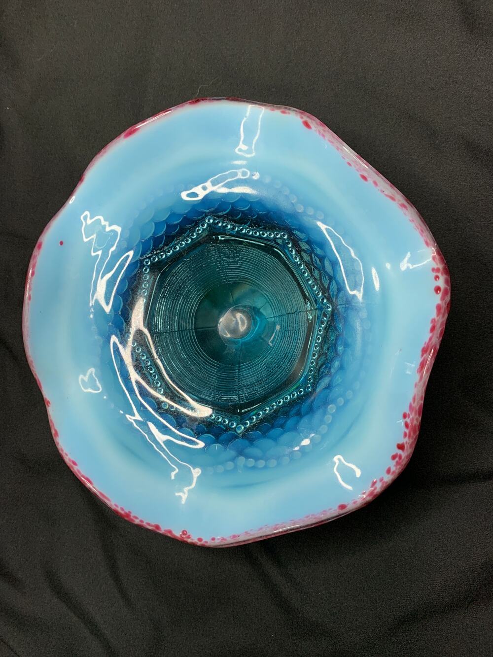 Antique Jefferson Glass Pearls & Scales Blue Opalescent Compote Cranberry Frit